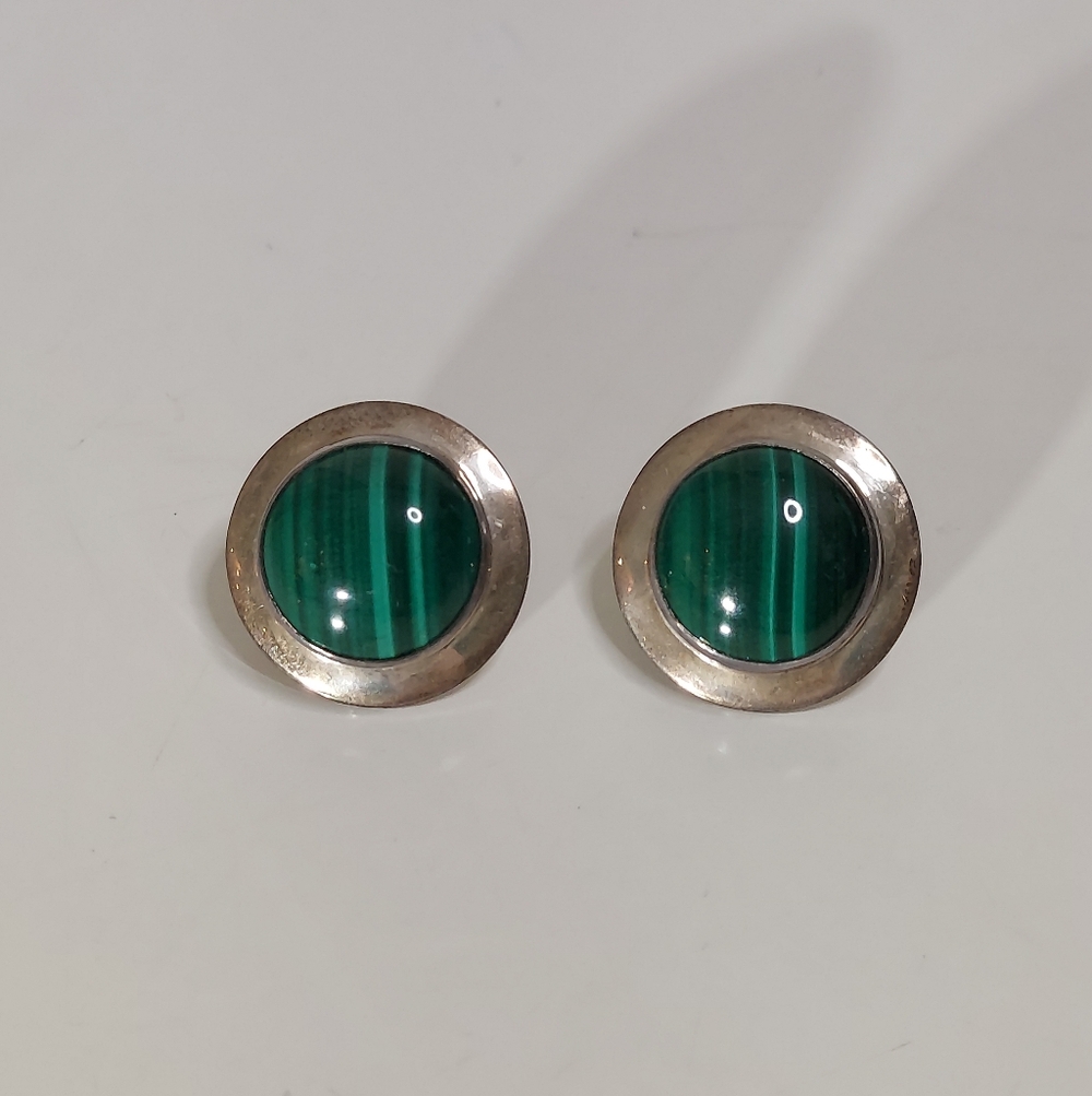 Sterling Silver Natural Malachite Green Native American Circular Stud Earrings
